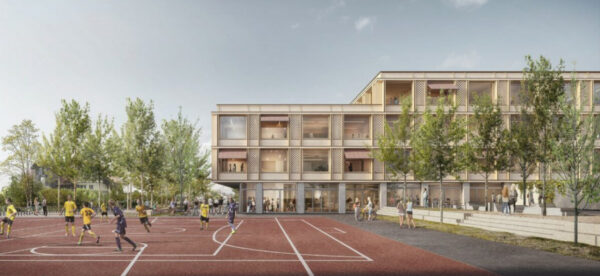 Michel Bauökonomie - Projekt Oberstufenzentrum Rötschmatte Ins - Hard-Sportplatz mit rotem Sand vor einer Schule